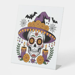 Skull with Witch Hat Halloween Vector Pedestal Sign