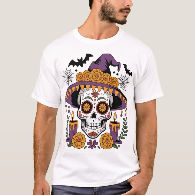 Skull with Witch Hat Halloween Vector T-Shirt (Front)