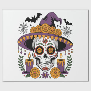 Skull with Witch Hat Halloween Vector Wrapping Paper