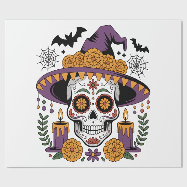 Skull with Witch Hat Halloween Vector Wrapping Paper (Flat)