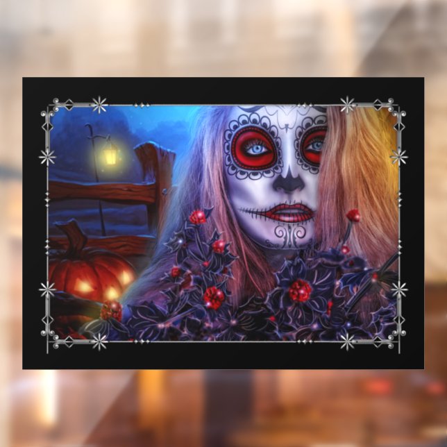 Skull Woman and Black Holly Window Cling (Sheet 2)