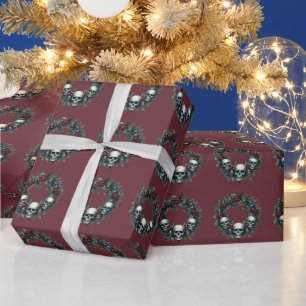Skull Wreath Burgundy Gothic Christmas Wrapping Paper