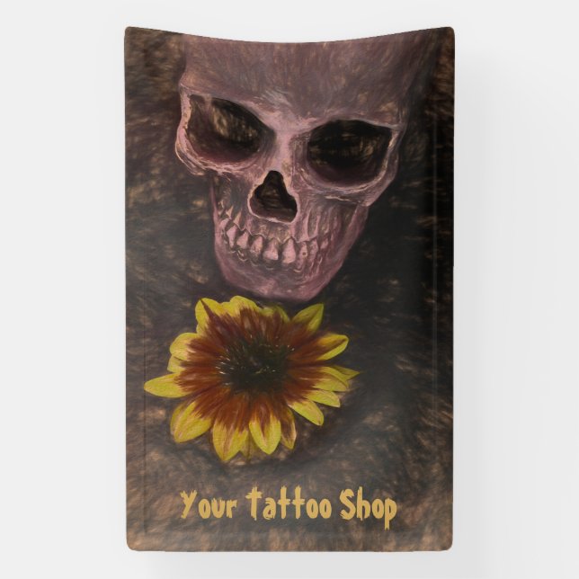 Skull Yellow Sunflower Gothic Vintage Sepia Sketch Banner (Vertical)