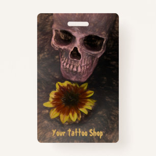 Skull Yellow Sunflower Gothic Vintage Sepia Sketch ID Badge