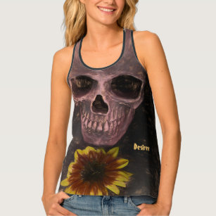 Skull Yellow Sunflower Gothic Vintage Sepia Sketch Tank Top
