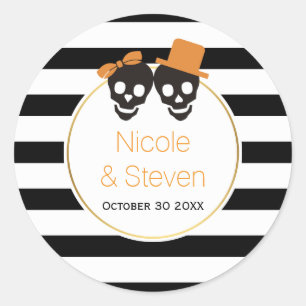Skulls and black white stripes Halloween wedding Classic Round Sticker