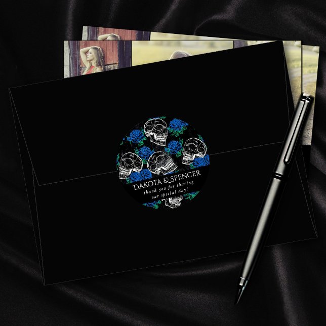 Skulls and Blue Roses | Cool Funky Dark Thank You Classic Round Sticker (Creator Uploaded)