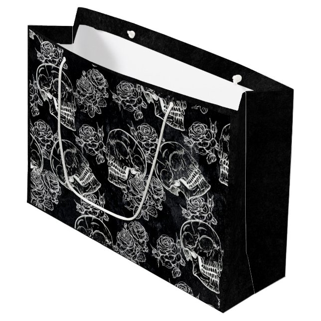 Skulls and Chalk Roses | Funky Gothic Glam Grunge Large Gift Bag (Front Angled)