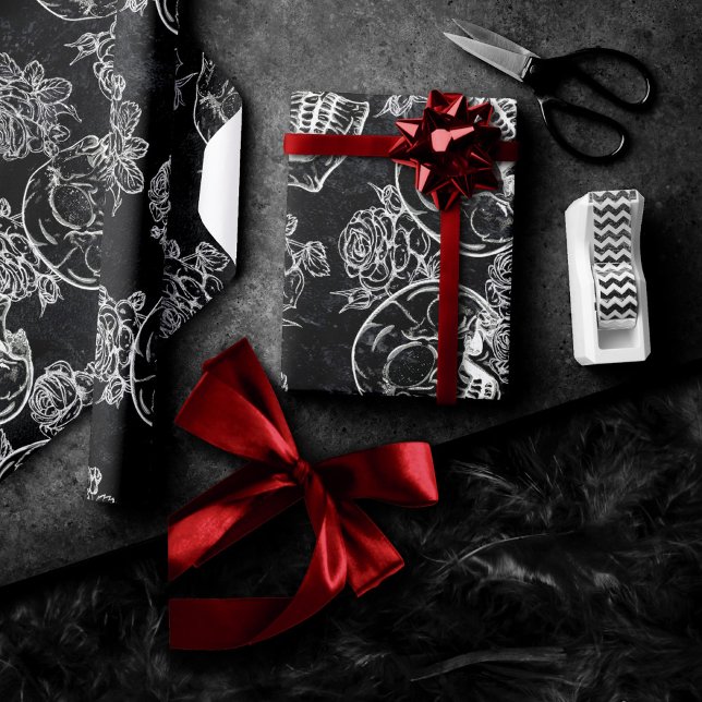 Skulls and Chalk Roses | Funky Gothic Glam Grunge Wrapping Paper (Creator Uploaded)