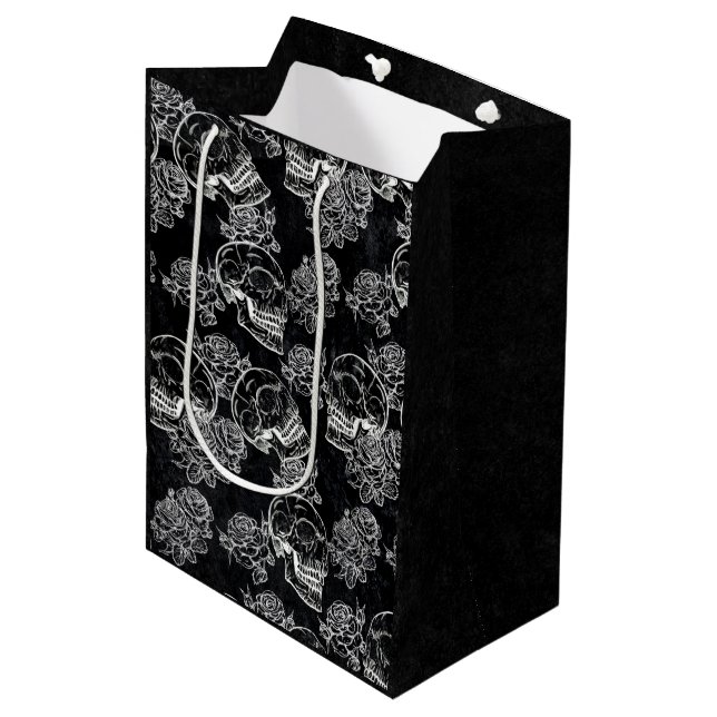 Skulls and Chalk Roses | Gothic Glam Funky Grunge Medium Gift Bag (Front Angled)