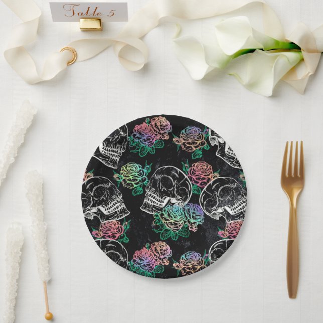 Skulls and Chalk Roses | Gothic Glam Funky Grunge Paper Plate (Wedding)