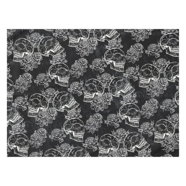 Skulls and Chalk Roses | Gothic Glam Funky Grunge Tablecloth (Front (Horizontal))