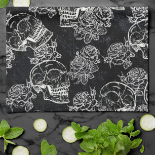 Skulls and Chalk Roses   Gothic Glam Funky Grunge Tea Towel