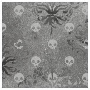 Skulls and Charcoal Damask on Grey Fabric