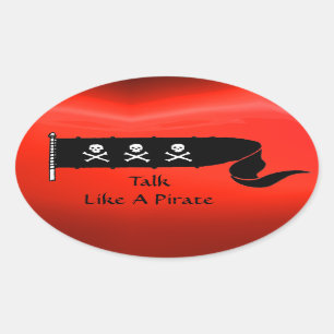 SKULLS AND CROSSED BONES  RED BLACK PIRATE FLAG OVAL STICKER