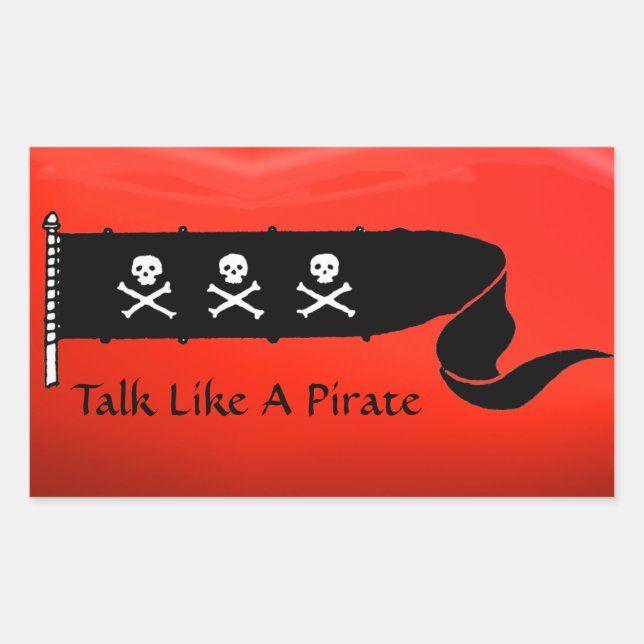 SKULLS AND CROSSED BONES  RED BLACK PIRATE FLAG RECTANGULAR STICKER (Front)