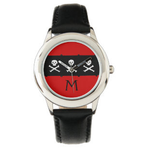 SKULLS AND CROSSED BONES RED BLACK PIRATE FLAG WATCH