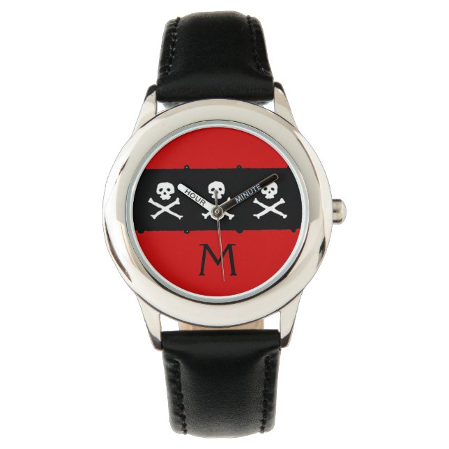 SKULLS AND CROSSED BONES  RED BLACK PIRATE FLAG WATCH (Front)