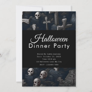 Skulls and Crosses Cemetery Halloween Dinner Party Invitation
