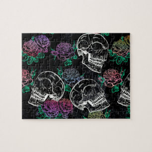 Skulls and Dark Roses Funky Glam Ombre Grunge Jigsaw Puzzle