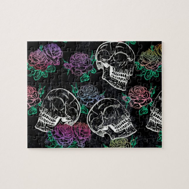 Skulls and Dark Roses | Funky Glam Ombre Grunge Jigsaw Puzzle (Horizontal)