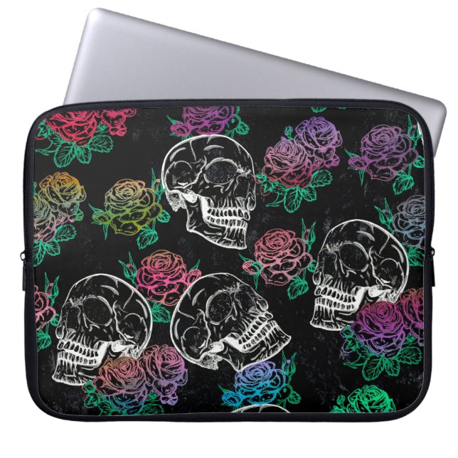Skulls and Dark Roses | Funky Glam Ombre Grunge Laptop Sleeve (Front)