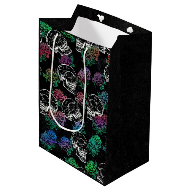 Skulls and Dark Roses | Funky Glam Ombre Grunge Medium Gift Bag (Front Angled)