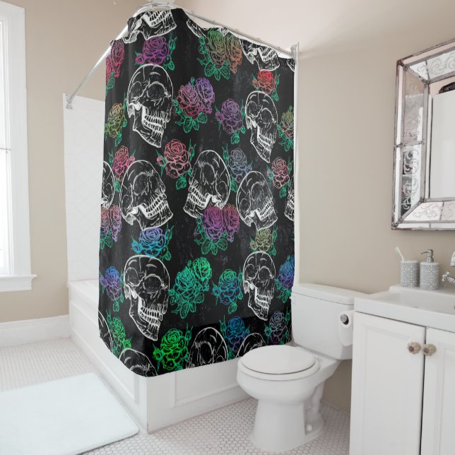 Skulls and Dark Roses | Funky Glam Ombre Grunge Shower Curtain (In Situ)