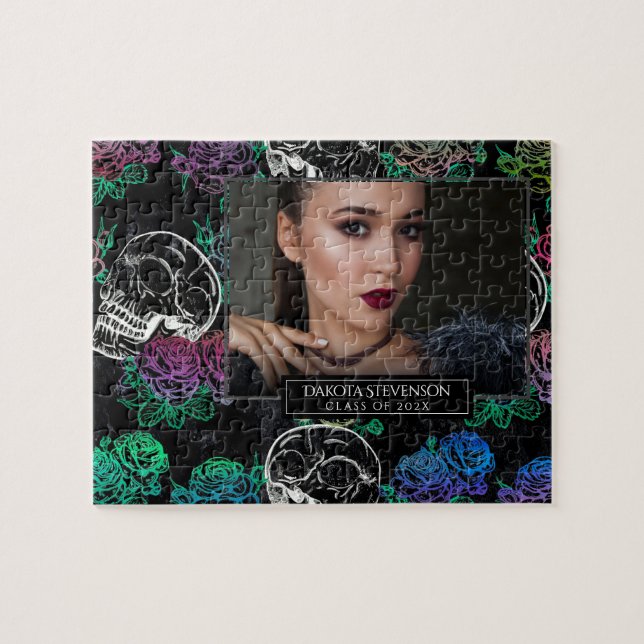 Skulls and Dark Roses | Funky Graduation Photo Jigsaw Puzzle (Horizontal)