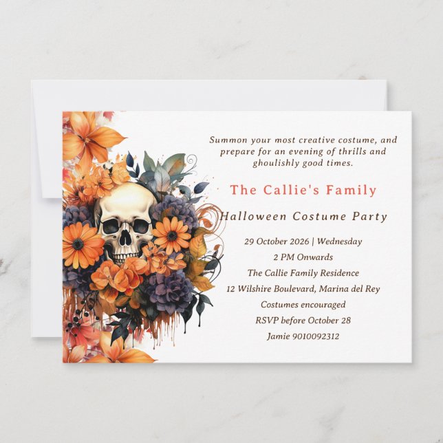 Skulls and Florals Halloween Invitation (Front)