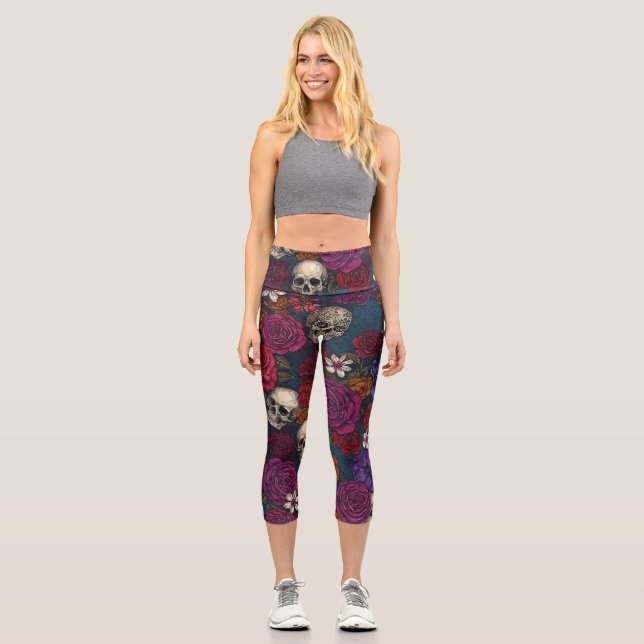 Skulls and Flowers Capri Leggings (Front)