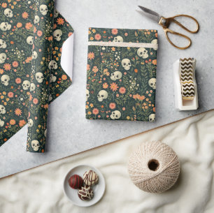 Skulls and Flowers Green Halloween Wrapping Paper