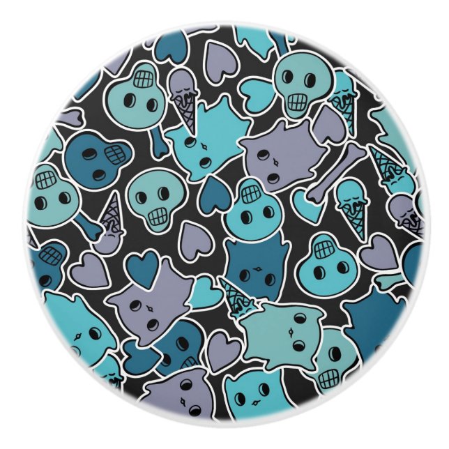 Skulls, and hearts on black background 2 ceramic knob (Front)