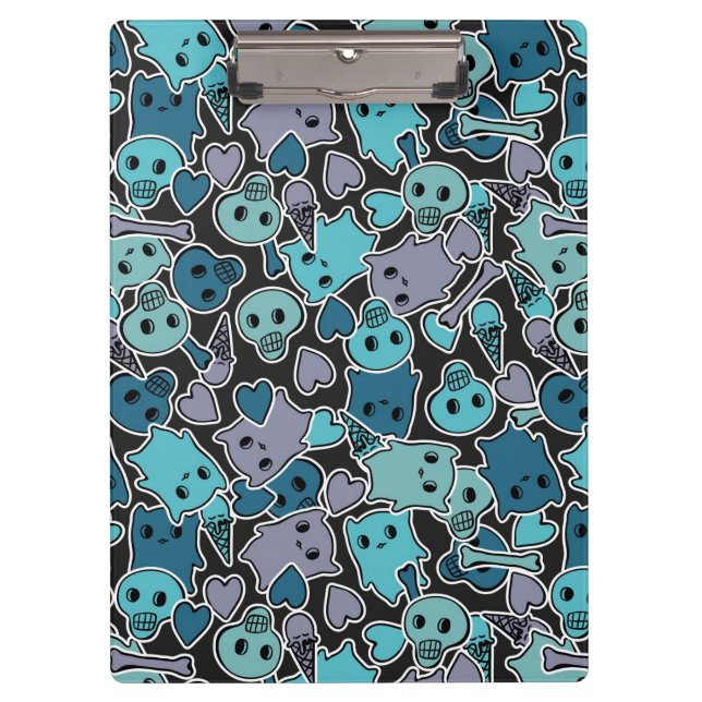 Skulls, and hearts on black background 2 clipboard (Front)