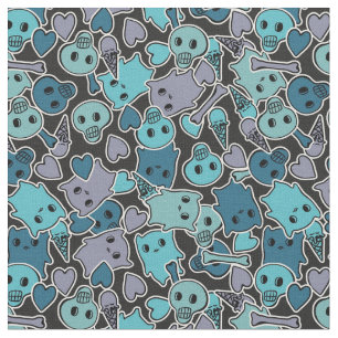 Skulls, and hearts on black background 2 fabric