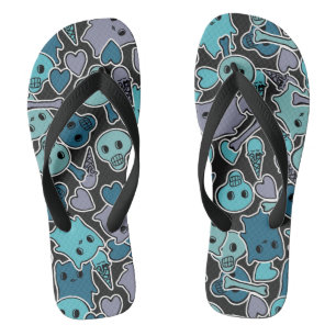 Skulls, and hearts on black background 2 flip flops