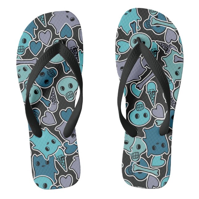 Skulls, and hearts on black background 2 flip flops (Footbed)
