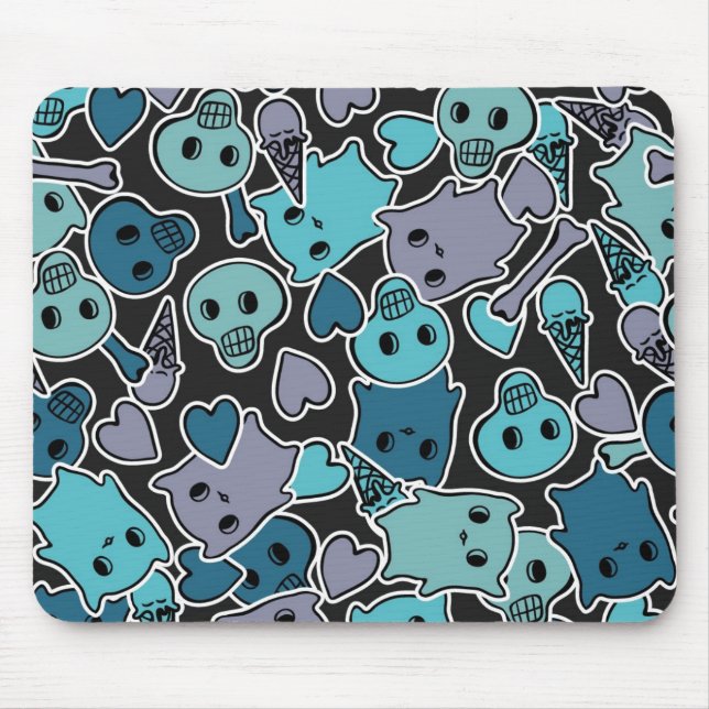 Skulls, and hearts on black background 2 mouse mat (Front)