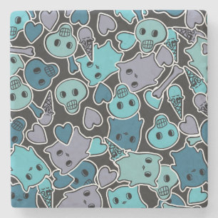 Skulls, and hearts on black background 2 stone coaster