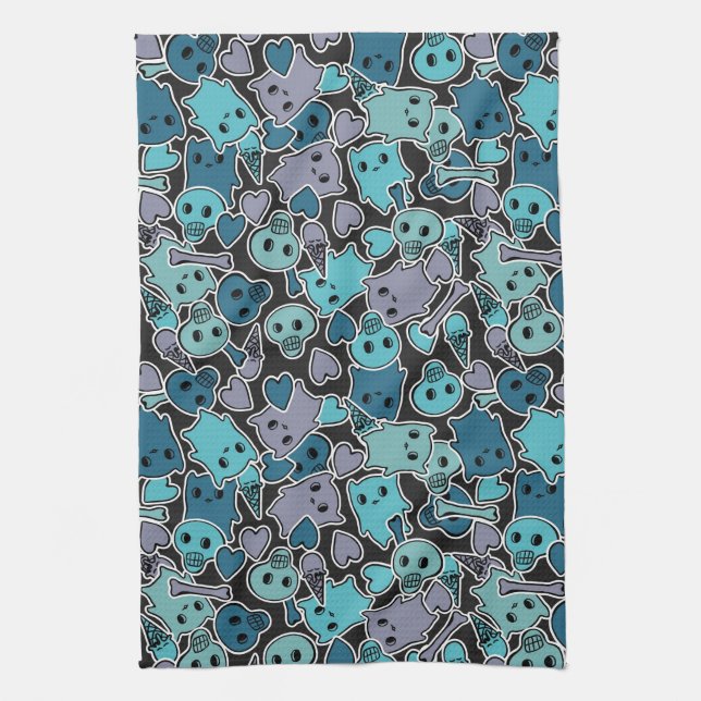 Skulls, and hearts on black background 2 tea towel (Vertical)