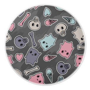 Skulls, and hearts on black background ceramic knob