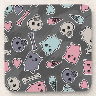 Skulls, and hearts on black background coaster