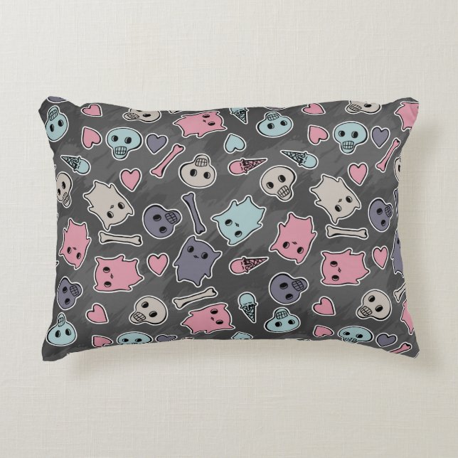 Skulls, and hearts on black background decorative cushion (Front)