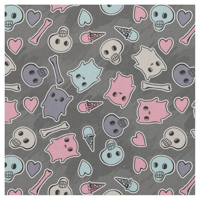 Skulls, and hearts on black background fabric (Close Up)