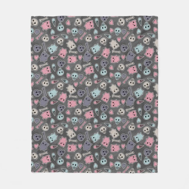 Skulls, and hearts on black background fleece blanket (Front)