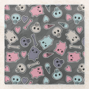 Skulls, and hearts on black background glass coaster
