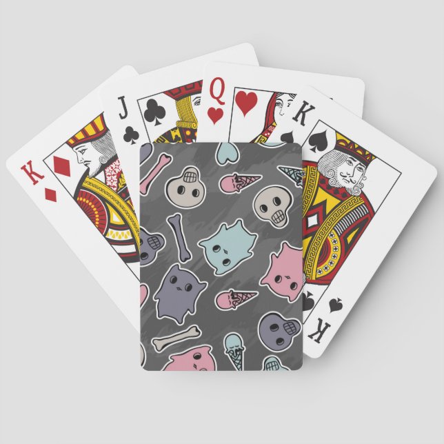 Skulls, and hearts on black background playing cards (Back)