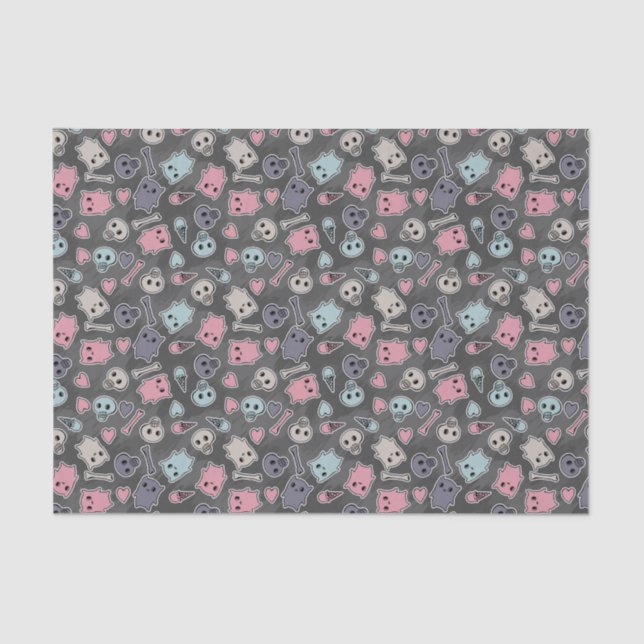 Skulls, and hearts on black background tissue paper (Front)