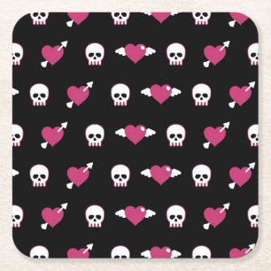 Skulls and hearts square paper coaster