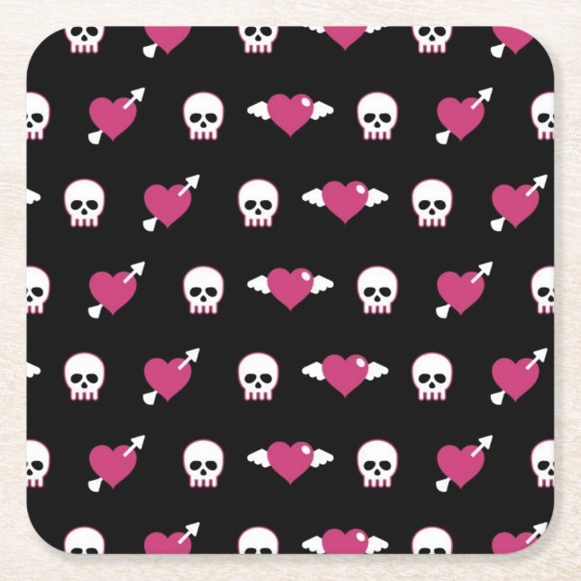 Skulls and hearts square paper coaster (Front)